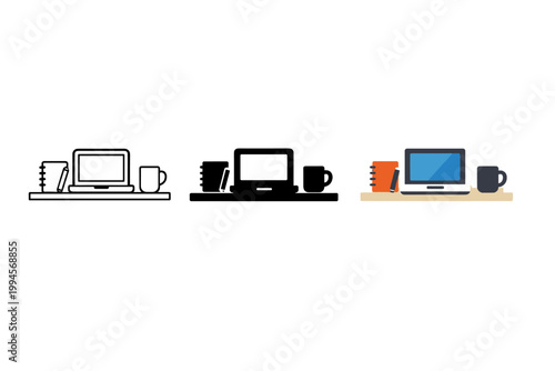 Minimal desk workspace illustration set showing laptop computer, coffee mug, and notebooks on shelf in outline, silhouette, and colored styles