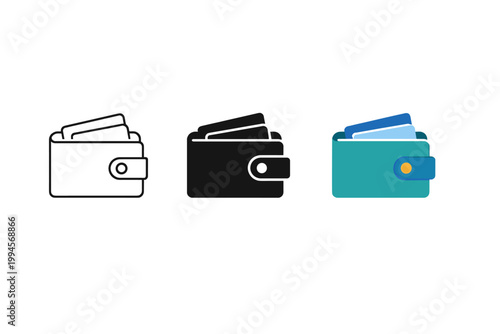 Three wallet icon designs in outline, solid, and flat styles, showing open billfolds with card slots and snap closures on a white background