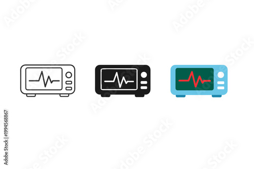 Three minimalist medical monitor icons showing heartbeat waveform on screens in outline, solid black, and colored styles on a clean white background