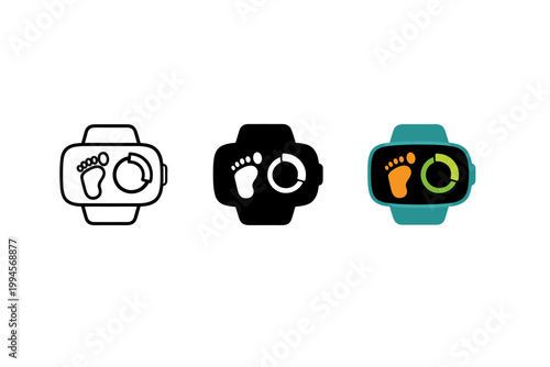Three smartwatch fitness tracker icons showing footprint step counter and activity ring, presented as outline, solid, and colored wearable symbols