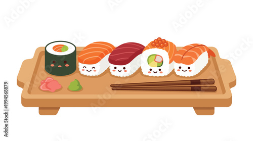 Kawaii Sushi Set Vector Illustration with Cute Salmon Tuna and Shrimp