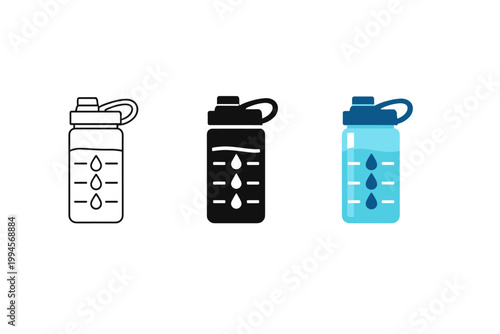 Minimalist set of reusable water bottle icons in outline, solid, and gradient styles, featuring measurement marks and droplet symbols on white background