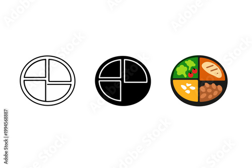 Three circular segmented plate icons showing portion control layout, including outline and filled designs and a colorful divided meal plate illustration