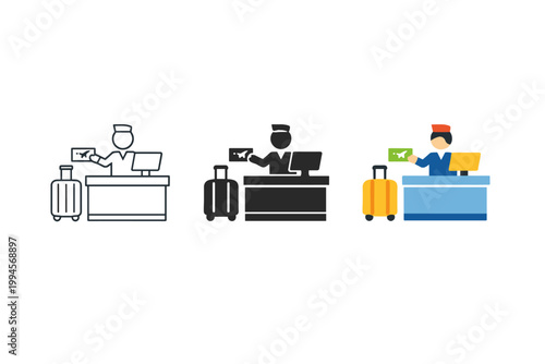 Minimal flat icon set showing airport check-in agents at counters with luggage and boarding passes, illustrating travel service and passenger processing