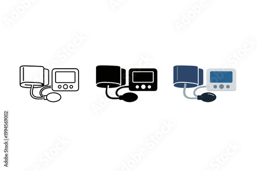Minimal vector set of digital blood pressure monitors with arm cuffs in outline, solid, and colored styles, showing home medical measurement devices