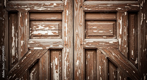 Closeup of a weathered wooden door with peeling paint and rustic texture