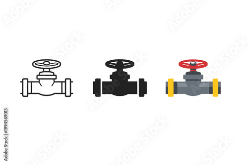 Three industrial pipeline valves illustrated in outline, solid black, and colored flat style, showing handwheel control and flanged pipe connections