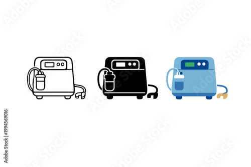 Set of three medical oxygen concentrator icons in outline, solid, and color styles, showing portable respiratory support devices with tubing and plugs
