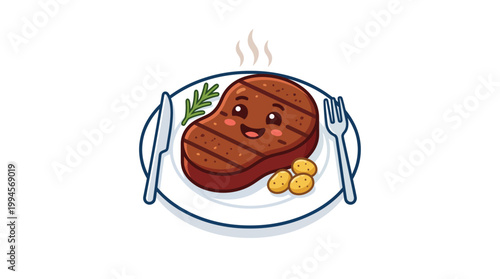 Cute Cartoon Grilled Steak Mascot on Plate with Knife and Fork Illustr