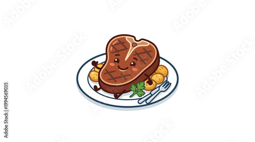 Cute Cartoon T-Bone Steak Mascot on Plate with Potatoes Kawaii Beef Ch