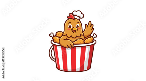Cute Fried Chicken Mascot Waving from a Striped Bucket with Crispy Pou