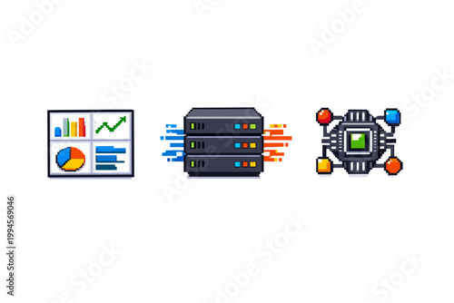 Pixel art data analytics dashboard, server rack database storage, and connected microchip network hub icons representing modern computing infrastructure