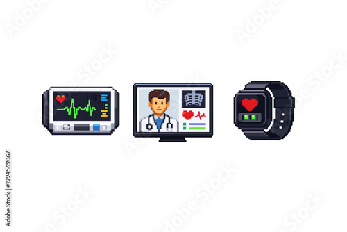 Pixel art medical monitoring set showing heart rate ECG display, telemedicine doctor video consultation screen, and wearable smartwatch health tracker