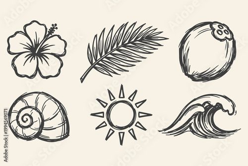 Hand drawn tropical summer elements set with hibiscus flower, palm leaf, coconut, shell, sun and ocean wave in line style..