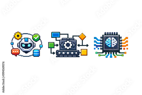 Pixel art icons of artificial intelligence chatbot assistant, automated workflow engine, and neural network microchip for digital technology concepts