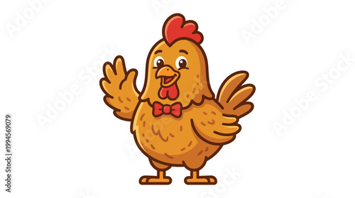 Cute Cartoon Chicken Mascot Character Wearing Red Bowtie Waving Wing I
