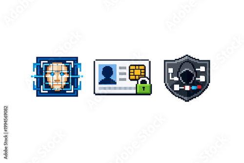 Pixel art cybersecurity icons featuring biometric face scan, secure identification card with lock, and anonymous hacker shield symbol for digital protection