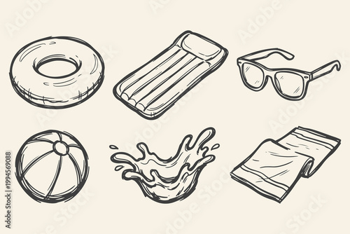 Hand drawn beach fun elements set with swim ring, air mattress, sunglasses, beach ball, water splash and towel in line style..