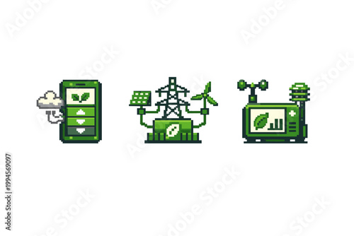 Pixel art icons of renewable energy technology showing smart battery storage, solar panels, wind turbines, and eco monitoring display on white background