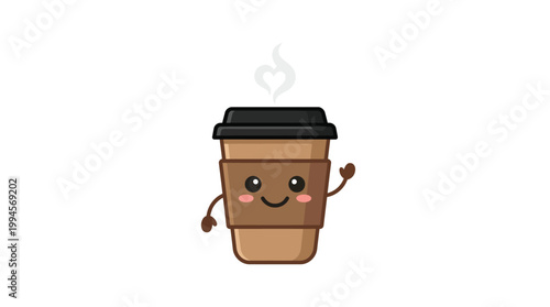 Kawaii Coffee Cup Mascot Vector Character Waving with Heart Steam. Cut