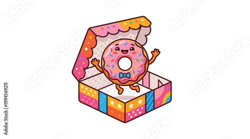 Kawaii Donut Mascot Vector Illustration Cute Pink Glazed Doughnut with
