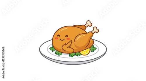 Cute Cartoon Roasted Chicken Mascot on a Plate with Parsley and Lemon