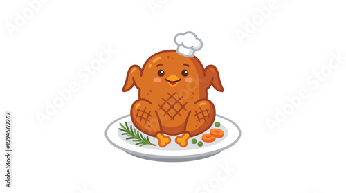 Cute Roasted Chicken Mascot Vector Wearing Chef Hat on Plate with Vege