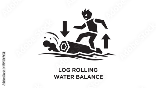 Minimalist sports icon featuring a log rolling water balance activity, depicting an athlete maintaining stability on a floating log, vector graphic illustration for water sports and outdoor recreation