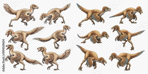 Set of animated dinosaur characters in various poses and actions, perfect for games and educational content.