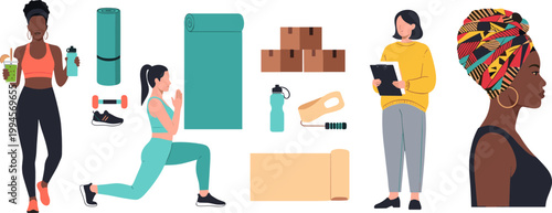 Fitness and Healthy Lifestyle Illustration Set with Women Exercising Yoga Equipment Workout Routine Active Characters Vector Design for Wellness and Training