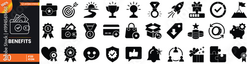 Modern Benefits Fill Icon Set, Bonus, Reward and Loyalty Icons Pack, Incentive, Prize, Offer, Discount and Customer Rewards Vector Collection for Web, UI and App Design
