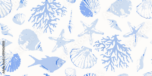 Blue and white seamless pattern with marine life and shells