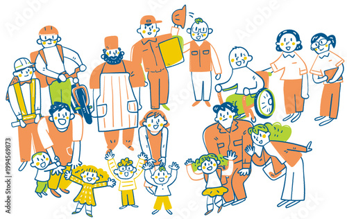 笑顔を支える多様な人々が支え合う共生社会の群像図 ダイバーシティ＆インクルージョン 働く人と家族 手書き風イラスト ベクター