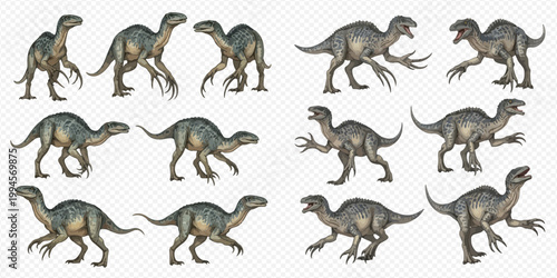 Collection of Therizinosaurus dinosaurs in various poses, an extinct genus of large theropod dinosaur.