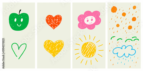 Childlike drawings of fruits hearts suns and weather on pastel backgrounds