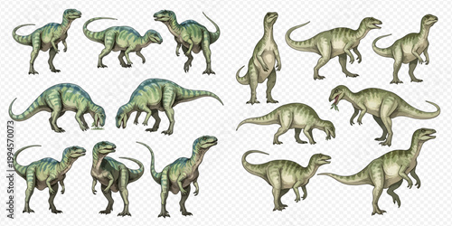 Set of Iguanodon dinosaurs in various poses, prehistoric reptile collection.
