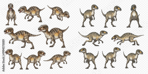 Set of cute cartoon baby dinosaurs in various poses, isolated on a transparent background, perfect for children's books and educational materials.