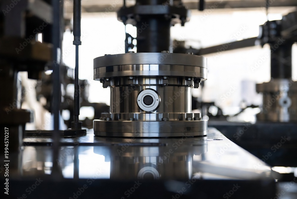 Fototapeta premium A large industrial coupling is on a workbench in a factory setting.