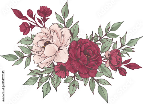 Three watercolor floral arrangements with red and beige flowers