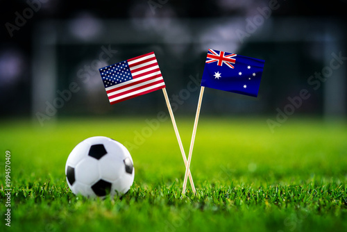 United States vs Australia, national flags before world championship Group D group stage match, football on green pitch with goal in the background, Seattle, USA, June 19, 2026