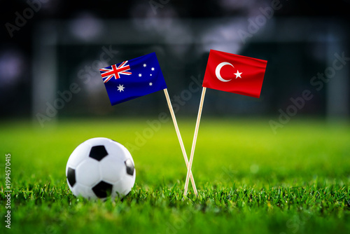 Australia vs Turkey, national flags before world championship Group D group stage match, football on green pitch with goal in the background, Vancouver, Canada, June 13, 2026