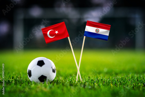 Turkey vs Paraguay, national flags before world championship Group D group stage match, football on green pitch with goal in the background, Santa Clara, USA, June 19, 2026