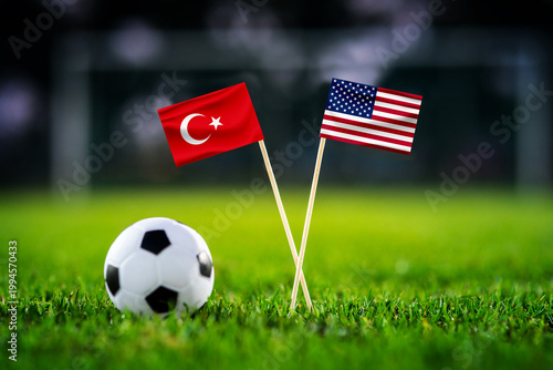 Turkey vs United States, national flags before world championship Group D group stage match, football on green pitch with goal in the background, Inglewood, USA, June 25, 2026