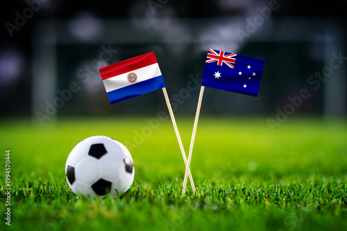 Paraguay vs Australia, national flags before world championship Group D group stage match, football on green pitch with goal in the background, Santa Clara, USA, June 25, 2026