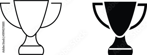 Minimalist trophy cup icons, black and white winner award symbols, flat vector championship trophy set for sports and business achievement