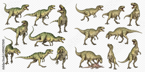 Set of various dinosaur illustrations in different poses and actions, prehistoric creatures.