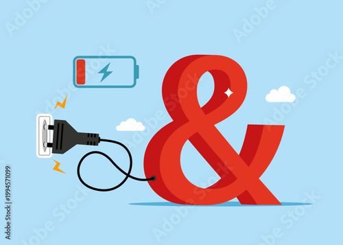 Symbol of ampersand feeds electricity. Restoration is underway. Not enough energy to work at full potential and motivation. Plug in the socket. Flat vector illustration. 