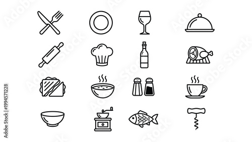 Food and restaurant icon collection with wine glass serving dome rolling pin chef hat wine bottle roast chicken salt shaker pepper shaker coffee cup hand drawn restaurant sandwich