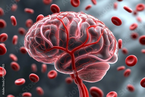 A human brain with red blood cells flowing through its arteries, suggesting circulatory health.