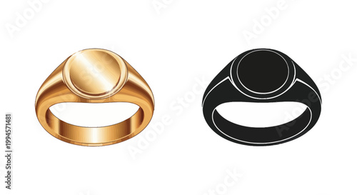 Gold Signet Ring and Silhouette Icon, Isolated on White Background